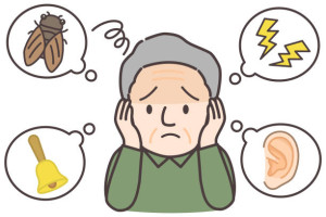 Illustration of a senior man who is bothered by tinnitus and noise.